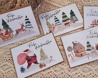 Weihnachtskarten, 5er Set mit Umschlägen, Aquarell, Weihnachts Karten, 5 Stück,  Postkarten Weihnachten