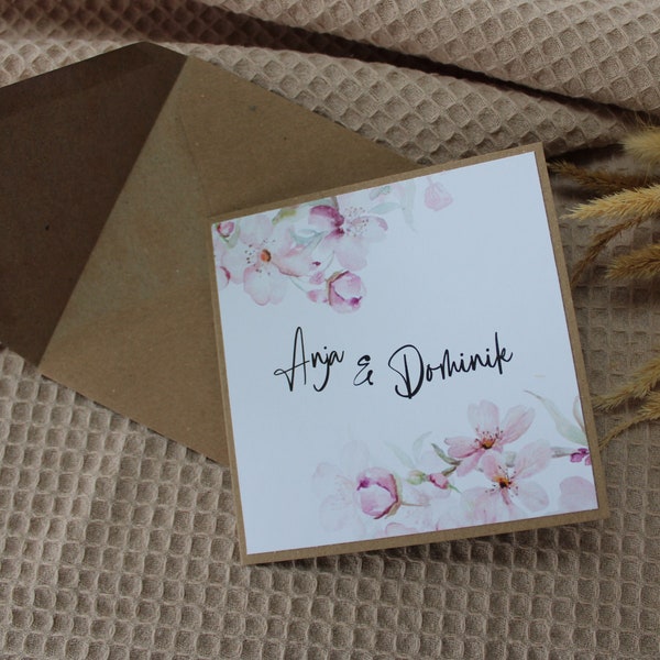 Glückwunschkarte ANJA Hochzeit, personalisiert mit Namen + Briefumschlag + Anhänger, stabile Ausführung, Kirschblüten