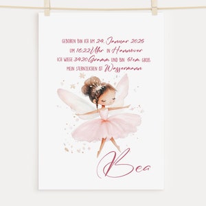 Geburtsposter Mädchen - BEA- Posterdruck, Prinzessin rosa, Kinderzimmer Poster, personalisiert mit Geburtsdaten, Poster zur Geburt, Fee