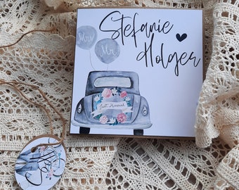 Congratulations card STEFANIE wedding, personalized with name + envelope + pendant, sturdy design, boho, car, watercolor, Mrs Mr