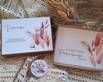 Geschenkschachtel TAMARA, Möchtest du meine Patentante werden? personalisiert, Boho, Trockenblumen