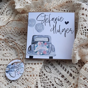 Glückwunschkarte STEFANIE Hochzeit, personalisiert mit Namen + Briefumschlag + Anhänger, stabile Ausführung, Boho, Auto, Aquarell, Mrs Mr