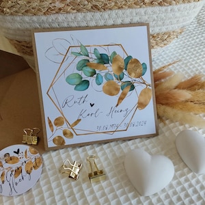 Glückwunschkarte goldene Hochzeit personalisiert mit Namen + Briefumschlag + Anhänger, stabile Ausführung