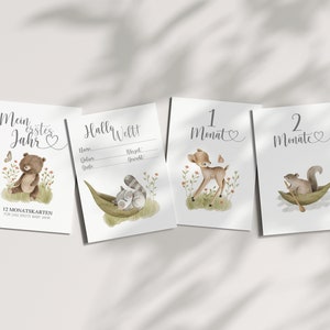 Milestone cards baby FOREST ANIMALS, 12 month cards, My first year - Boho watercolor -, Milestone cards baby, pregnancy