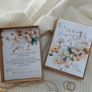 Geschenkschachtel MAIKE - Für immer und ewig,Geldgeschenk Hochzeit + personalisierter Anhänger + Baumwollsäckchen, Trockenblumen