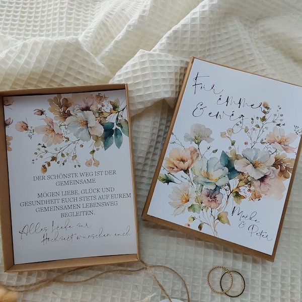 Geschenkschachtel MAIKE - Für immer und ewig,Geldgeschenk Hochzeit + personalisierter Anhänger + Baumwollsäckchen, Trockenblumen