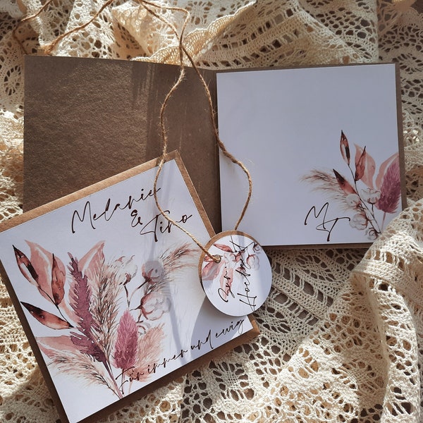 Glückwunschkarte MELANIE Hochzeit, personalisiert mit Namen + Briefumschlag + Anhänger, stabile Ausführung, Trockenblumen