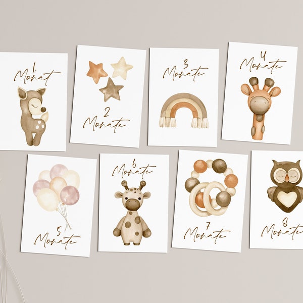 Milestone cards baby, 12 month cards, My first year - animals boho watercolor -, milestone cards, pregnancy