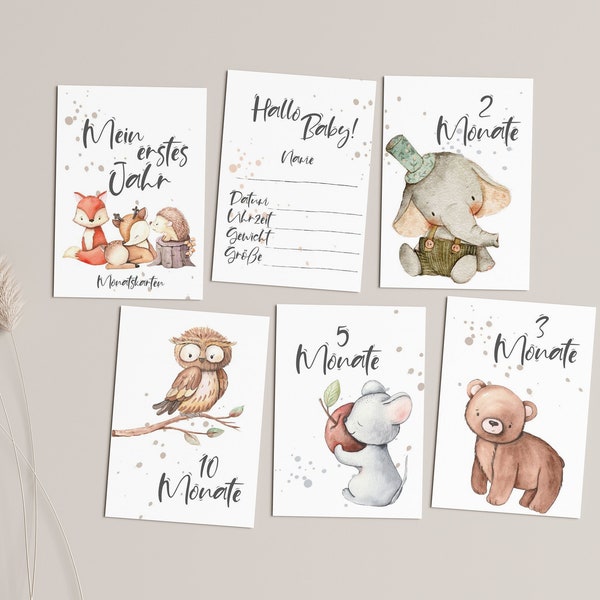 Meilensteinkarten Baby, 12 Monatskarten, Mein erstes Jahr - Tiere Wald Aquarell -, Meilenstein Karten, Schwangerschaft