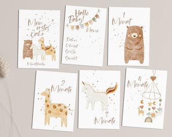 Meilensteinkarten Baby, 12 Monatskarten, Mein erstes Jahr - Tiere Boho Aquarell -, Meilenstein Karten, Schwangerschaft