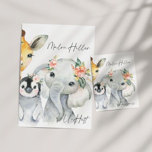 U-Heft und Impfpass Hülle MALOU, Umschlag, Set, Tiere, Aquarell, Watercolour, Elefant, Giraffe, Pinguin, Nilpferd