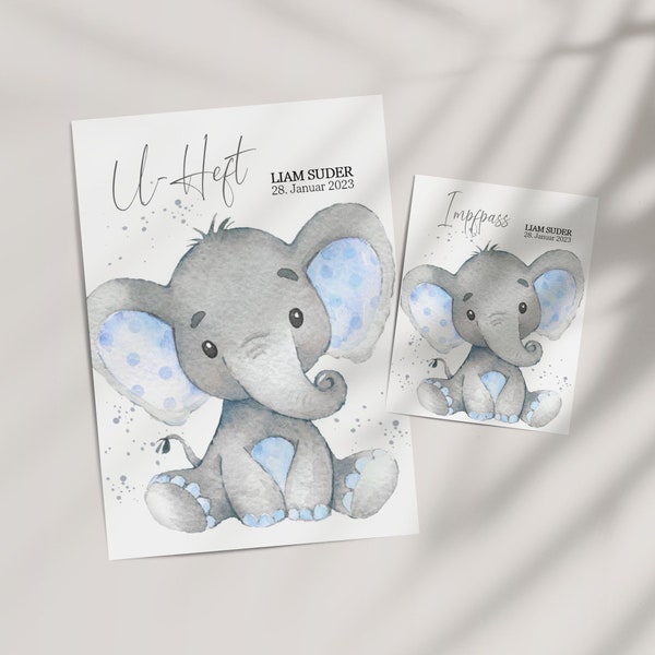 SET U-Heft und Impfpass Hülle LIAM personalisiert, Motiv Blue Elephant, Elefant Blau