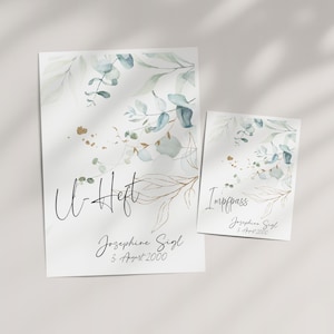 SET U-Heft und Impfpass Hülle JOSEPHINE personalisiert, Eukalyptus schlicht mit Gold