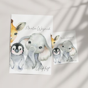 U-Heft und Impfpasshülle MARLON, Umschlag, Set, Tiere, Aquarell, Watercolour, Elefant, Giraffe, Pinguin, Nilpferd, personalisiert