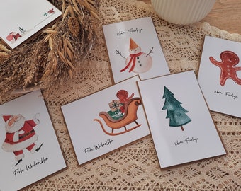 Weihnachtskarten, 5er Set mit Umschlägen, Aquarell, Weihnachts Karten, 5 Stück, Postkarten Weihnachten