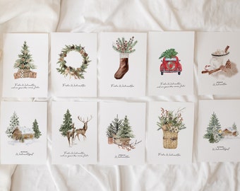 10er Set Weihnachtskarten im rustikalen Aquarell Design, Weihnachten rustikal