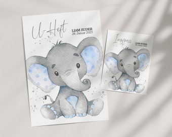 SET U-Heft und Impfpass Hülle LIAM personalisiert, Motiv Blue Elephant, Elefant Blau