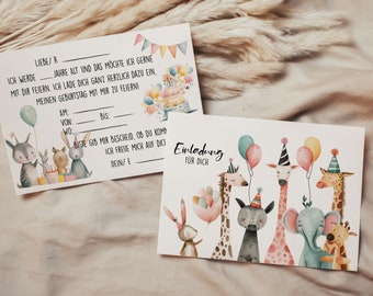Könnte beinhalten: Eine Geburtstagseinladungskarte mit einer Aquarell-Illustration von Tieren, die Partyhüte tragen und Ballons halten. Der Text auf der Karte lautet "Einladung für dich", was "Einladung für dich" auf Deutsch bedeutet.