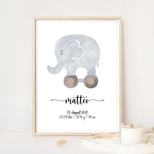 Geburtsposter - MATTEO - Posterdruck, Elefant, Druck Kinderzimmer, Bild, personalisiert mit Geburtsdaten, Poster Geburt