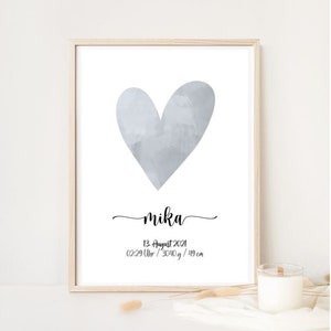 Geburtsposter - MIKA - Posterdruck, Herz blau grau, Druck Kinderzimmer, Bild, personalisiert mit Geburtsdaten, Poster Geburt