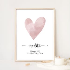 Birth poster - MADITA - poster print, pink heart, children's room print, picture, personalized with birth dates, birth poster