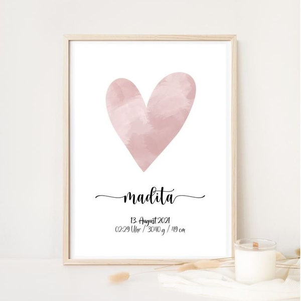 Geburtsposter - MADITA - Posterdruck, Herz rosa, Druck Kinderzimmer, Bild, personalisiert mit Geburtsdaten, Poster Geburt