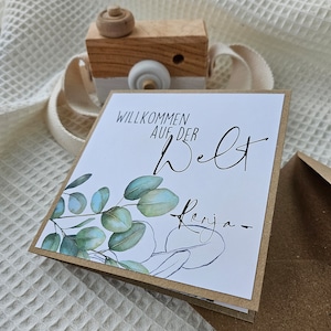 Karte zur Geburt -TORGE- personalisiert, stabile Ausführung, Willkommen auf der Welt, Junge Mädchen Geburt, Geschenk Baby, Eukalyptus Karte
