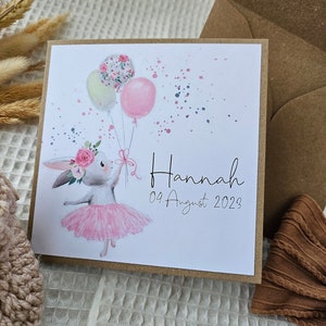 Karte zur Geburt -SARAH- personalisiert, stabile Ausführung, Willkommen auf der Welt, Junge Mädchen Geburt, Geschenk Baby, Hase rosa