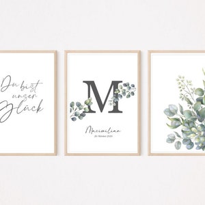 Poster Spruch - Geburtsposter -, Kinderzimmer, Buchstabe Eukalyptus 3er - Set A4, personalisiert
