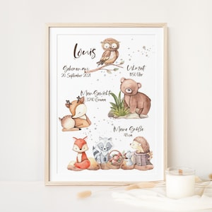 Geburtsposter Waldtiere   - LOUIS -  personalisiert, Poster Geburt