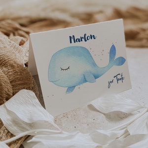 Glückwunschkarte MARLON Taufe, kleiner Wal, personalisiert + Briefumschlag