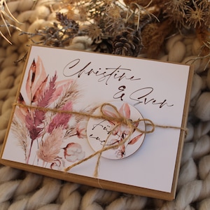 Geschenkschachtel CHRISTINE Geldgeschenk Hochzeit + personalisierter Anhänger + Baumwollsäckchen, Trockenblumen