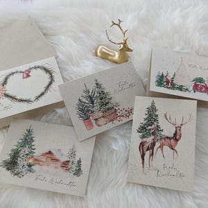 5 Weihnachtskarten rustikal , aus Graspapier mit Umschlag