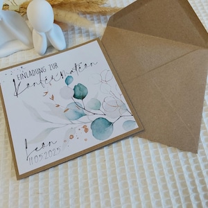 Einladungskarte Eukalyptus Konfirmation, Karte Konfirmation, personalisiert mit Namen + Briefumschlag, Taufe, Kommunion