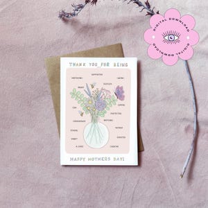 carte de fête des mères | Bouquet naturel | Mots | Téléchargement numérique | Imprimable | Coloré | carte de voeux de maman | Dessiné à la main | 5 x 7