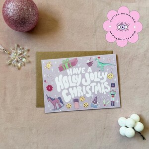 Cartão de Natal Pastel Holly Jolly | Festivo | Groovy Fun Vibes | Download digital | Imprimível | 5 x 7 | Cartão de felicitações em branco