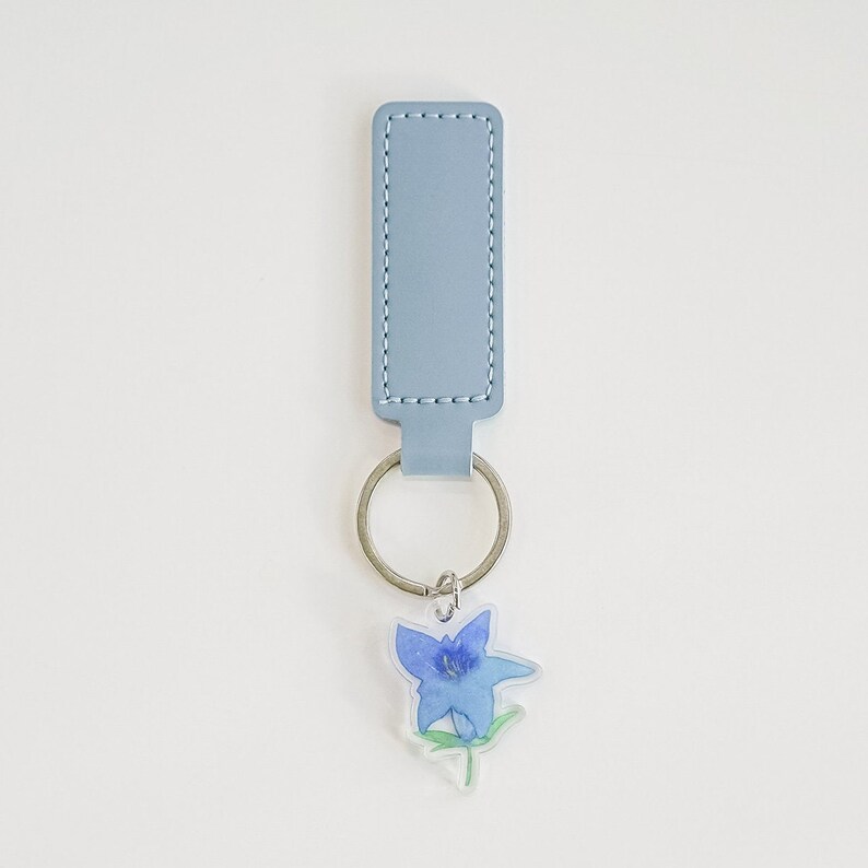 Gentian flower key chain / flower key chain / Acrylic floral hand painting key chain / blue flower / leather keyring image 7