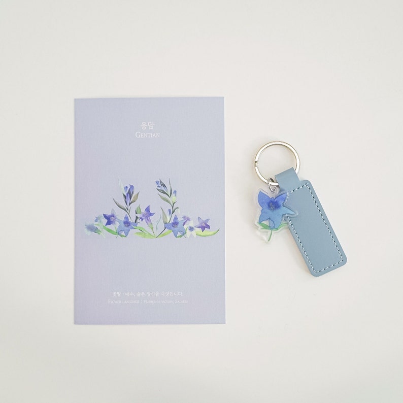 Gentian flower key chain / flower key chain / Acrylic floral hand painting key chain / blue flower / leather keyring image 5