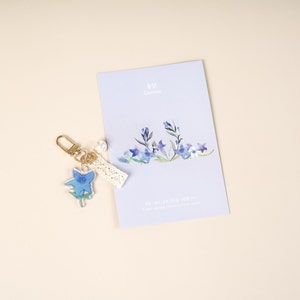 Gentian flower key chain / flower key chain / Acrylic floral hand painting key chain / blue flower / leather keyring image 3