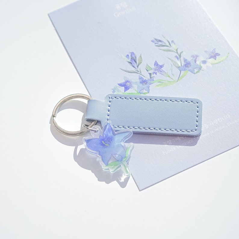 Gentian flower key chain / flower key chain / Acrylic floral hand painting key chain / blue flower / leather keyring image 1