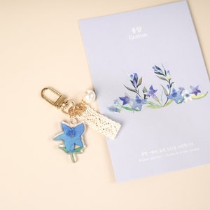 Gentian flower key chain / flower key chain / Acrylic floral hand painting key chain / blue flower / leather keyring image 2