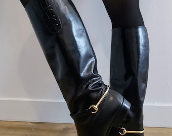 8 US Vintage 90s Gucci Black Leather Equestrian Boots Luxury Footwear Knee High Gucci Boots Etsy