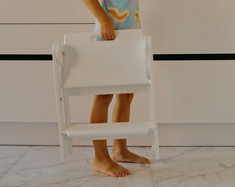White kitchen mini tower UP, Adjustable height helper stool, wooden step stool, folding learning stool for kids and adults, bathroom stool