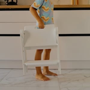 Minitorre de cocina blanca UP, taburete auxiliar de altura ajustable, taburete de madera, taburete de aprendizaje plegable para niños y adultos, taburete de baño