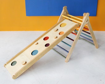 HIGH Climbing Triangle "Giraffe" with LONG double-sided Ramp, Kids ladder, Foldable triangle, Wooden Climbing Ladder, Montessori Triangle