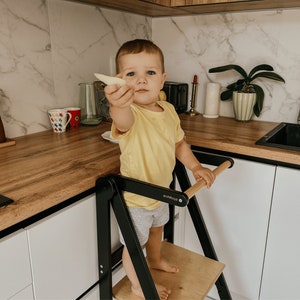 BLACK Folding Kitchen Tower, Super THIN Foldable helper tower LELEKA, Adjustable Height Helper Stool, Toddler Safety Stool, Learning ladder