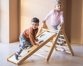 Conjunto de escalada plegable, Triángulo de escalada con roca de doble cara y rampa de tobogán, Gimnasio para niños de escalada, Triángulo Montessori, Muebles escaladores