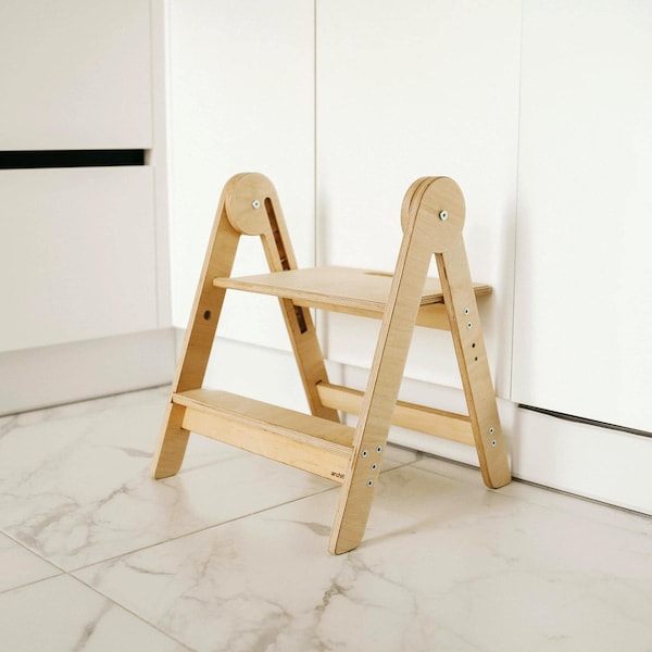 Adjustable Folding Wooden Montessori Helper Kitchen Stool, Birch Plywood Step Stool