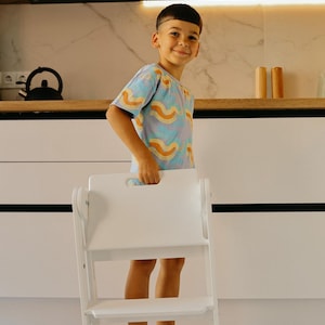 White folding UP mini tower, personalized wooden helper, Montessori stool, adjustable step stool