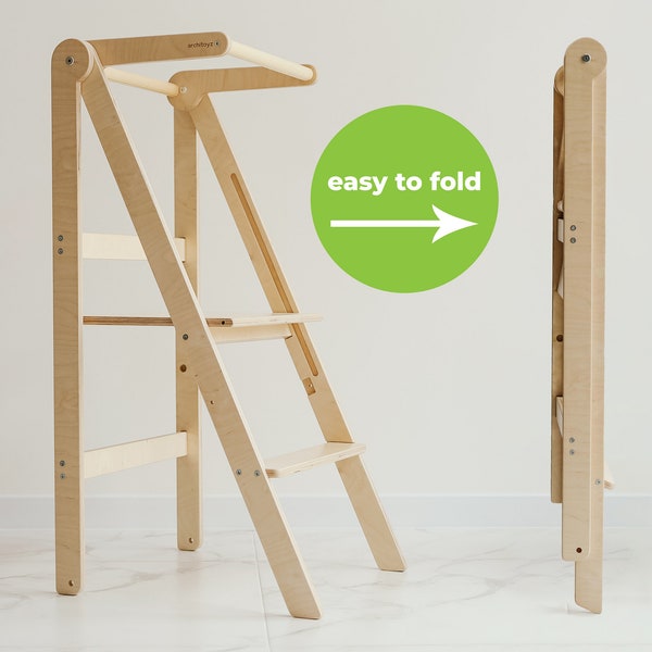 Foldable Helper Kitchen Tower LELEKA, Natural Folding Tower, Adjustable Height Helper Stool, Toddler Step Stool, Learning foldable tower